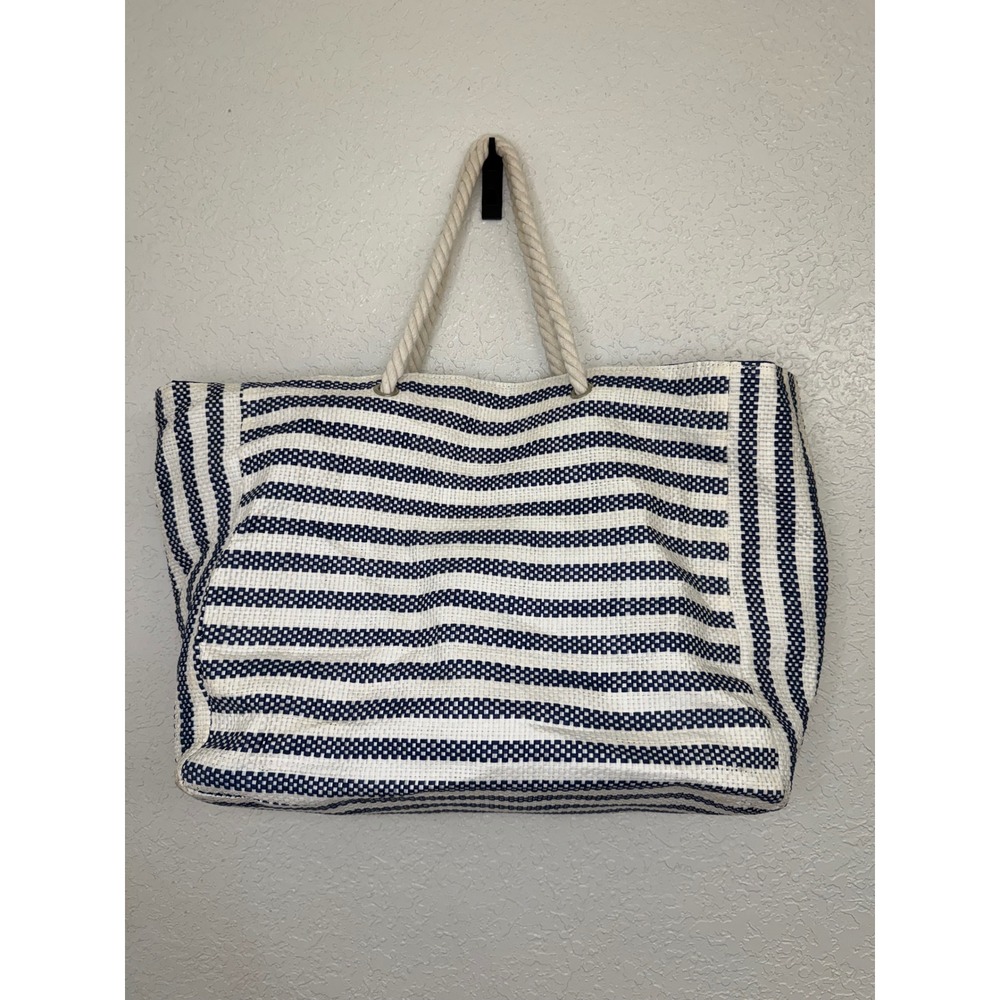 DSW Navy White‎ Stripe Large Beach Tote Bag Rope Handles